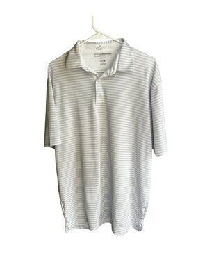 Greg Norman Men’s Large ML75 Short Sleeve Gray & White Striped Polo, Pre-Owned